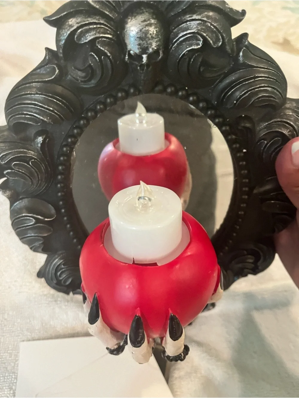 Gothic Black Skull Mirror with Red Apple Candle Holder